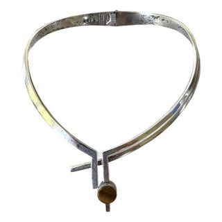 Vintage Mid-Century Antonio Pineda Sigi Taxco Sterling Silver, Tiger's Eye, and Onyx Sculputural Necklace With Artist Markings For Sale