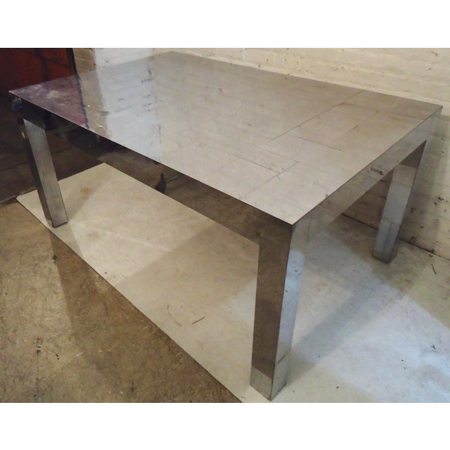 Polished chrome patchwork table by Paul Evans for his Cityscape line. Comes with a 15" leaf. No makers mark. (Please...