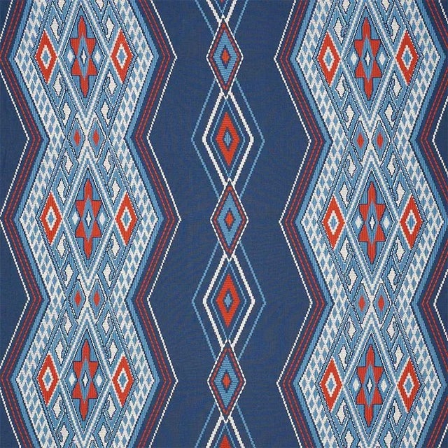 Contemporary Schumacher Bayeta Embroidery Fabric in Blue & Red For Sale - Image 3 of 3