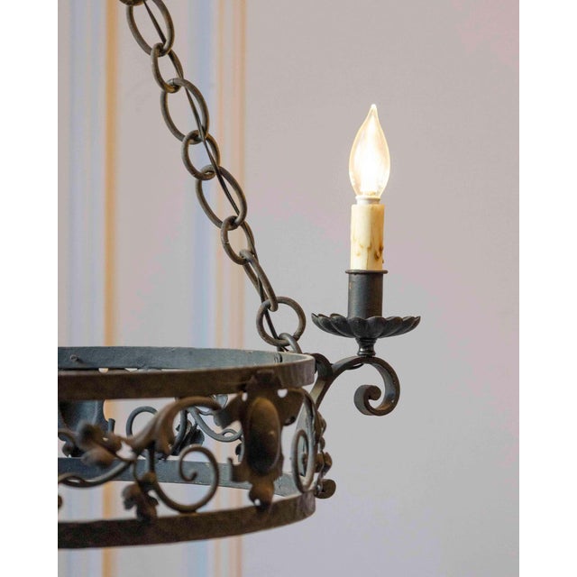 20th-Century French Wrought Iron Chandelier with Foliate Crown For Sale - Image 10 of 10