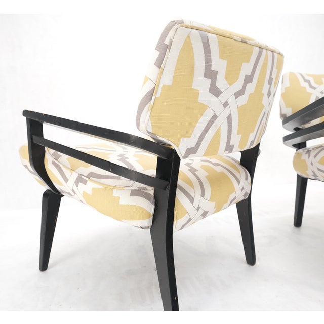 Pair of Mid-Century Modern Black Lacquer Abstract Fabric Lounge Chairs AS IS For Sale - Image 9 of 14