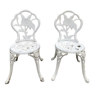 Vintage Victorian Style Rose Pattern Cast Aluminum Garden Chairs - Set of 2 For Sale