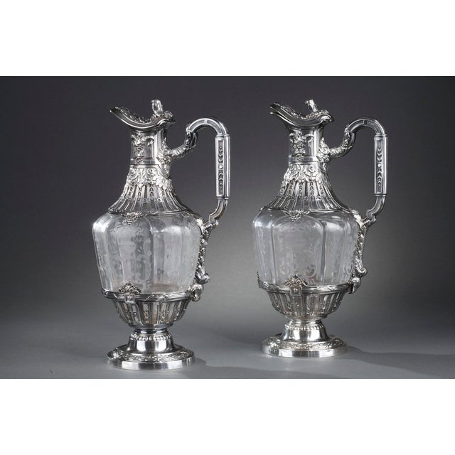 19th Century Ewers with Engraved Crystal and Silver Mounts, 1880, Set of 2, in Very Good conditions. Designed before 1890...