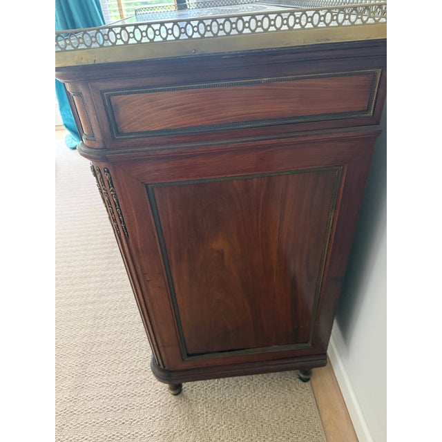 Antique French Louis XVI Style Walnut Marble Top Commode With Brass Gallery For Sale - Image 4 of 9
