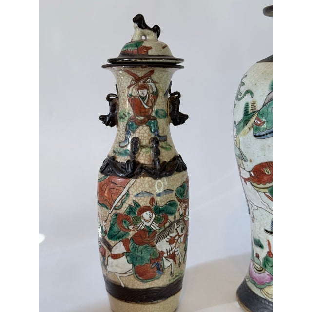 Late 19th Century Late 19th Century Set of 3 Chinese Warrior Garniture Urns With Lids For Sale - Image 5 of 12