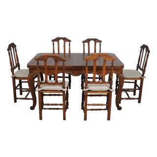Vintage Parquetry French Provincial Oak Dining Table & 6 Chairs For Sale