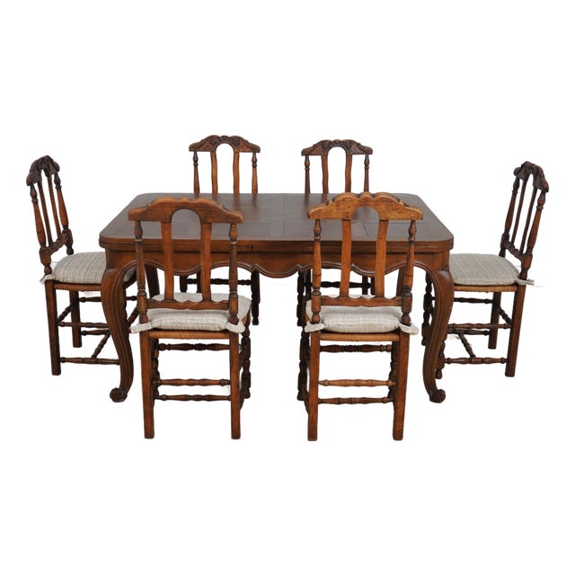 Vintage Parquetry French Provincial Oak Dining Table & 6 Chairs For Sale