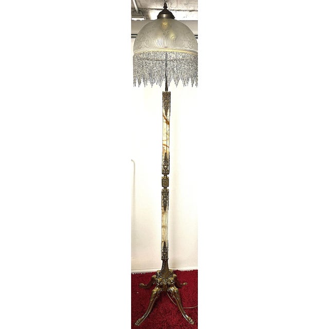 Single Brass and Onyx Bead Glass Shade Cherub Floor Lamp, 1950s For Sale - Image 11 of 11