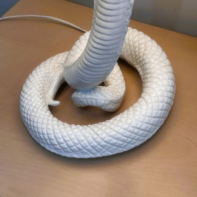 Vintage White Ceramic Cobra Table Lamp attributed to Tommaso Barbi, 1970s For Sale - Image 11 of 14
