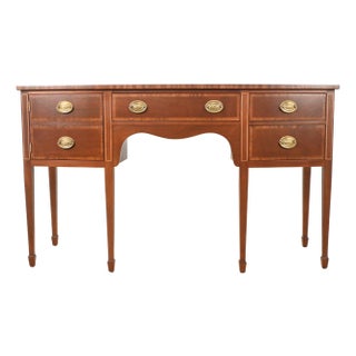 Kindel Mahogany Sideboard Server With Satinwood Inlay & Brass Pulls | Newly Refinished For Sale