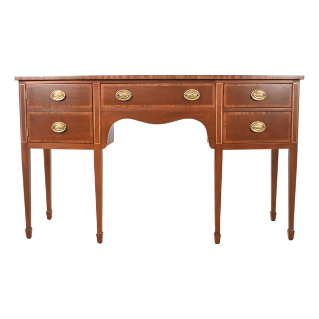Kindel Mahogany Sideboard Server With Satinwood Inlay & Brass Pulls | Newly Refinished For Sale