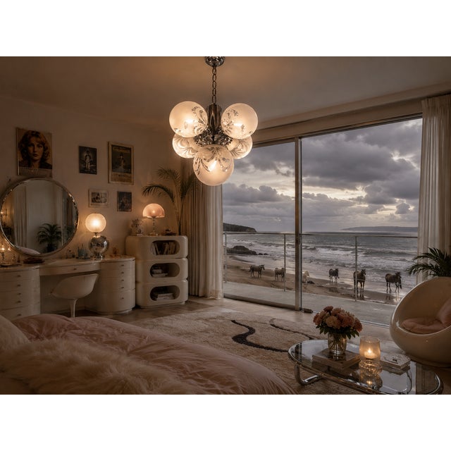 Silver Vintage Art Deco Style Chandelier with Etched Glass Shades and Chrome Finish, 1970s For Sale - Image 8 of 9
