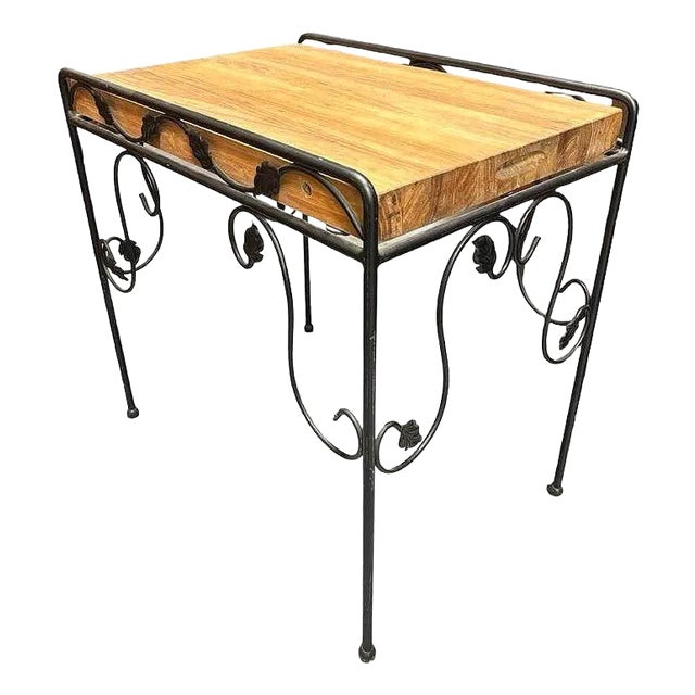 1950s Wrought Iron Scrolling Ivy Wire Patio Wire Side Table W/ Butcher Block Top For Sale