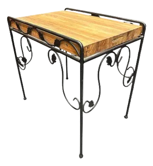 1950s Wrought Iron Scrolling Ivy Wire Patio Wire Side Table W/ Butcher Block Top