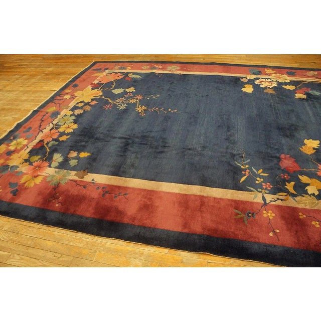 1920s Blue Field Floral Antique Chinese Art Deco Carpet 9' X 11'8" Knotted Wool Rug For Sale - Image 4 of 12