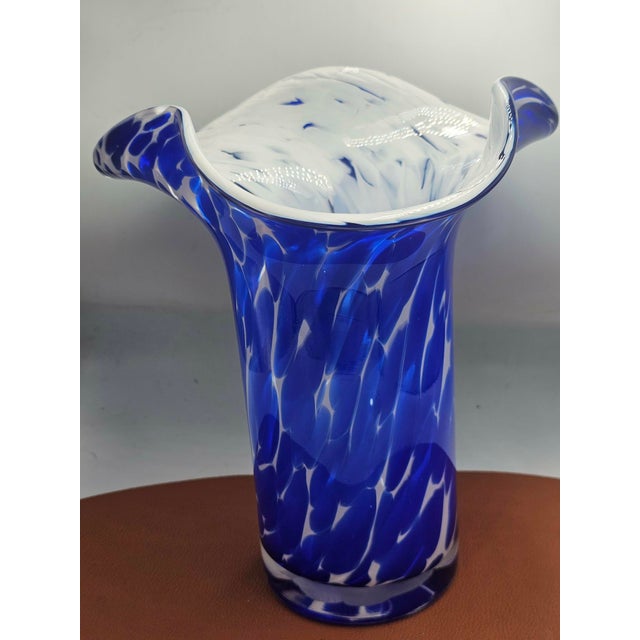 Murano vase, blue and white, 1960s, dimensions: height 27.5 cm, diameter 24.3 cm, diameter at the base 11 cm.