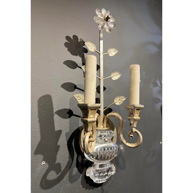 1930s Silver Leaf Metal Sconces With Crystal Base For Sale In New York - Image 6 of 6