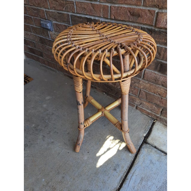 Wood Vintage Rattan Bamboo Round Plant Stand For Sale - Image 7 of 11