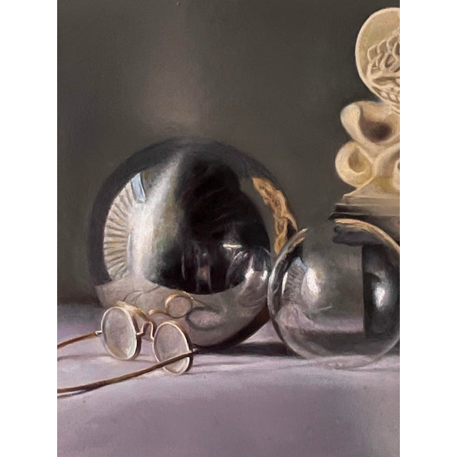 The Center of the Sphere Doesn't Lie on its Surface by Marsha Whitesides Piper | Oil on panel Still life with spheres and a sculpture For Sale - Image 4 of 5