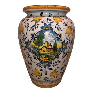 2000s Deruta Handmade Urn, Large Size, Hand Thrown and Painted - Tuscan Villa With Flowers and Fine Trim For Sale