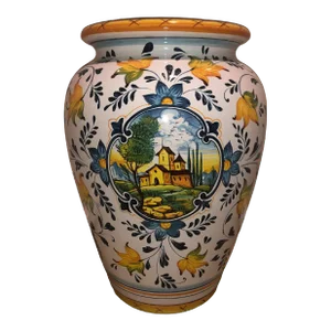 2000s Deruta Handmade Urn, Large Size, Hand Thrown and Painted - Tuscan Villa With Flowers and Fine Trim