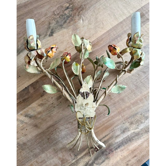 Italian Hand-Painted Tôle Rose Bouquet Two-Light Wall Sconce, 1950s For Sale - Image 9 of 15