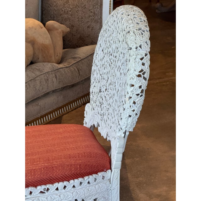 Late 19th Century Pair of Painted White Burmese Carved Side Chairs For Sale - Image 12 of 14