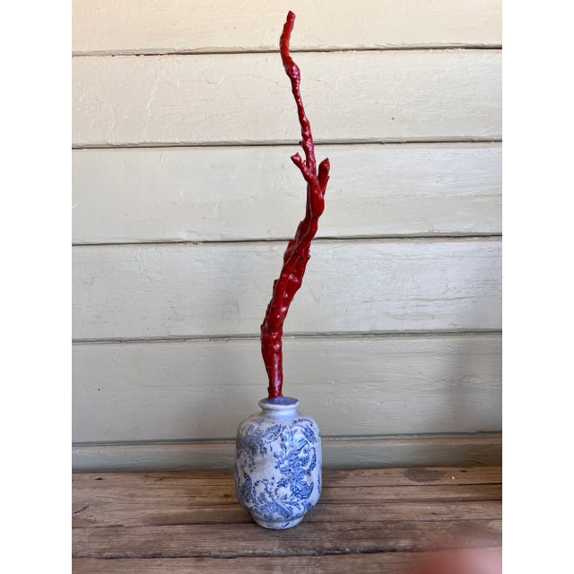 Tall Chinoiserie Chic Style Faux Red Coral Specimen in Blue & White Vase For Sale - Image 9 of 9