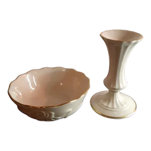 1980s Lenox Usa Beige Porcelain Scalloped Bowl & Candle Holder Set - 2 Pieces