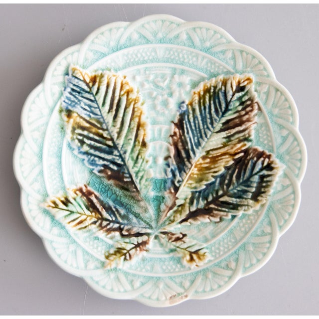 Ceramic 19th Century Swedish Rörstrand Majolica Turquoise Chestnut Leaf Plate For Sale - Image 7 of 7