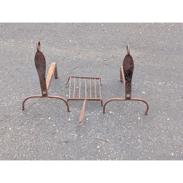 Early 20th Century Antique Wrought Iron Fireplace Andirons and Grate For Sale - Image 4 of 11