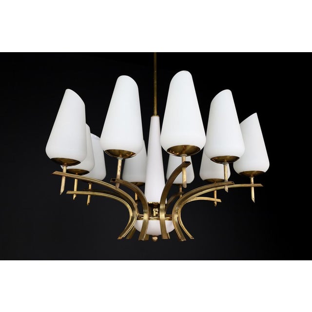 Metal Mid-Century Modern Brass and Opaline Glass Chandelier, France, 1950s For Sale - Image 7 of 15