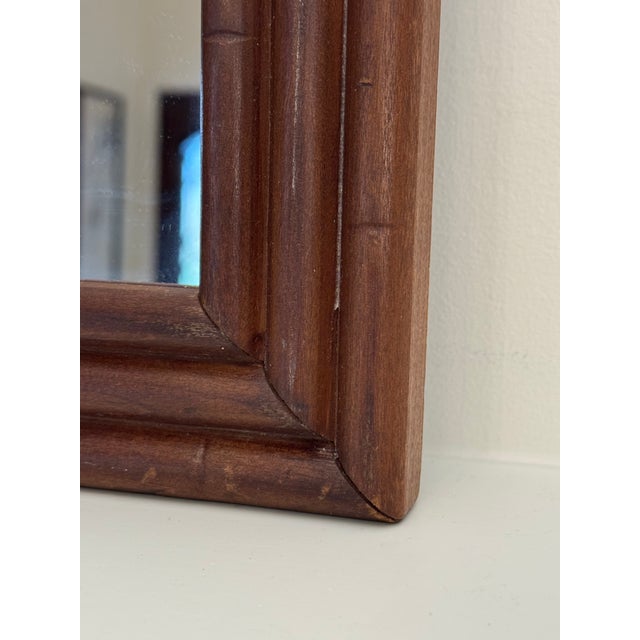 Wood Hollywood Regency Embossed Faux Bamboo Wood Wall Mirror For Sale - Image 7 of 11