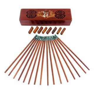Asian Modern Vietnamese Wooden Chopsticks for 8 With Green Mother of Pearl Marbled Tips Decorative Storage Box and Coordinating Rests - 25 pcs For Sale