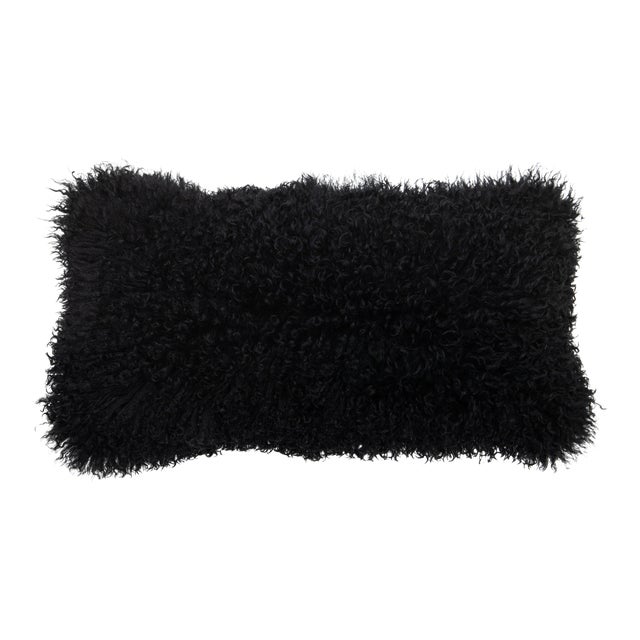 Modern Mongolian Lamb Fur Single Side Pillow in Black For Sale