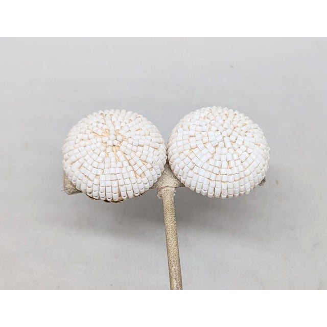 1960s Vintage 1960s Signed Napier Round Domed White Beaded Clip Earrings- 2 Pieces For Sale - Image 5 of 7