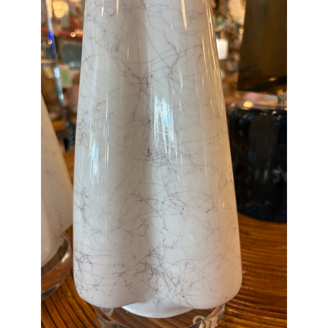 White Vintage Murano Style Glass Fluted Scalloped Table Lamps Metallic Veins Newly Wired - a Pair For Sale - Image 8 of 12
