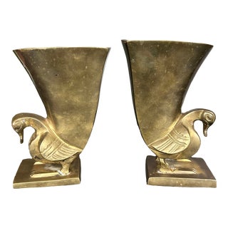 Vintage Brass Bird Vase Planter Bookends a Pair For Sale