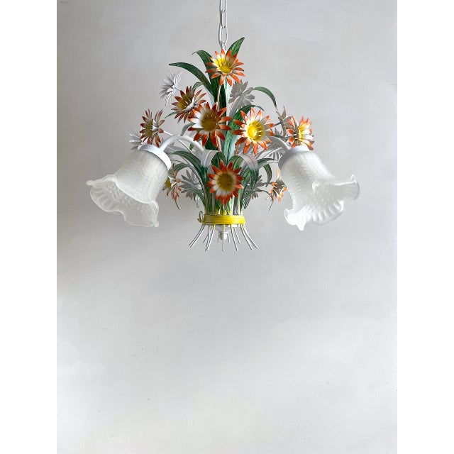 Vintage European Floral Tole Chandelier with Frosted Glass Tulip Shades, 1970s For Sale - Image 13 of 13