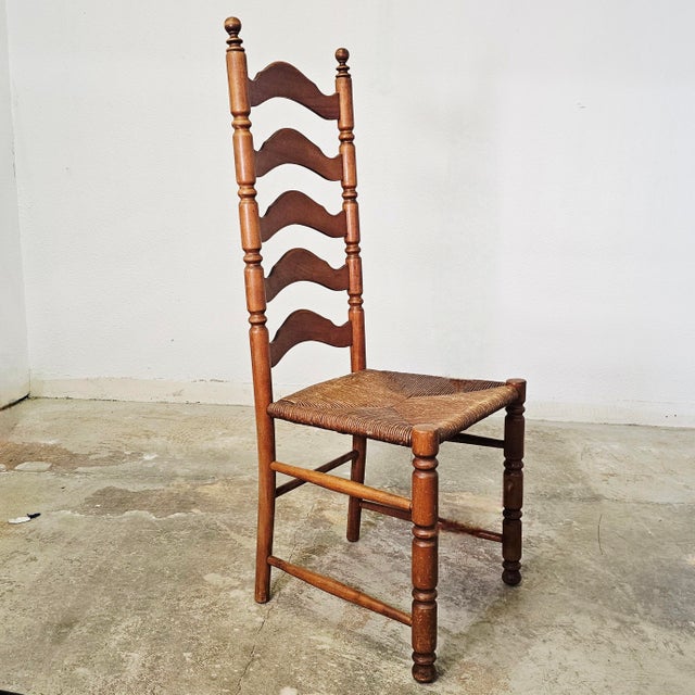 Set of Six French Country Rustic Ladderback Dining Chairs With Woven Rush Seats For Sale - Image 9 of 16