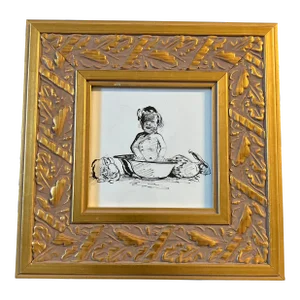 1970’s Original Pen & Ink Drawing Baby With Rabbits Chunky Gold Frame