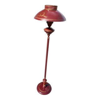 Mid-Century Neoclassical Inspired Maroon Toleware Metal Floor Lamp With Clear Glass Hand Painted Gold Wreath and Foliate Details For Sale