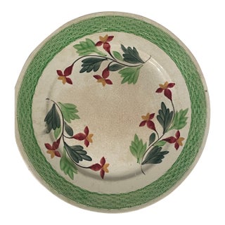 Antique Stick Spatterware Spongeware Floral Plate - Green Red - 9" For Sale