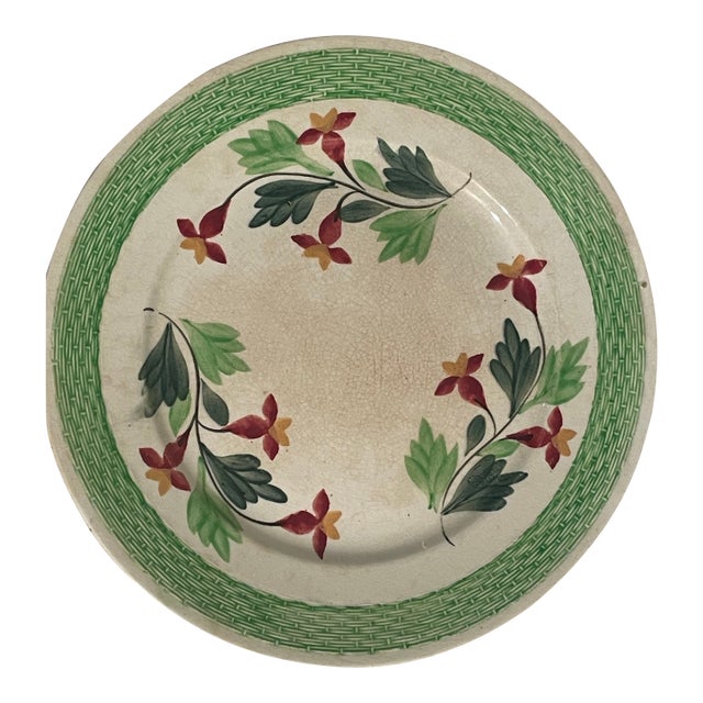Antique Stick Spatterware Spongeware Floral Plate - Green Red - 9" For Sale
