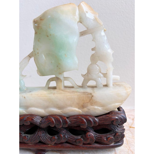 Antique Chinese Qing Heavy Jadeite Jade Boat Smooth Sailing Figurines W/ Stand For Sale In Los Angeles - Image 6 of 12