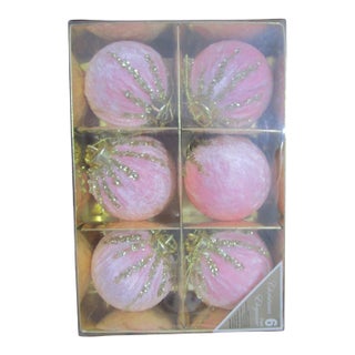 Pink Velvet Christmas Ornaments Gold Sequin Accents in Original Box a Set of Six For Sale