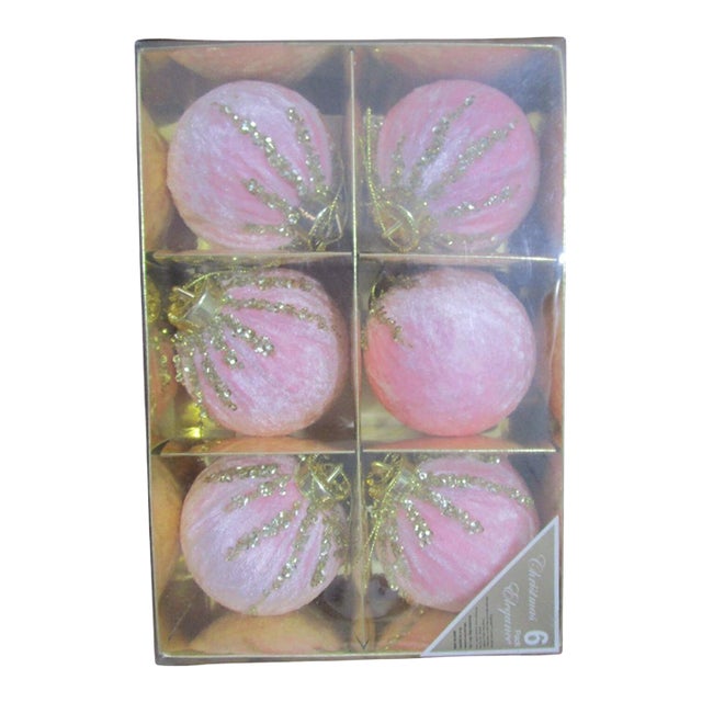 Pink Velvet Christmas Ornaments Gold Sequin Accents in Original Box a Set of Six For Sale