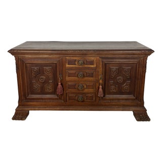Vintage Spanish Renaissance Style Low Sideboard in Oak with Carved Panel, 1920 For Sale