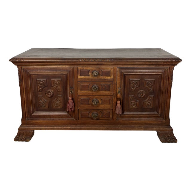 Vintage Spanish Renaissance Style Low Sideboard in Oak with Carved Panel, 1920 For Sale
