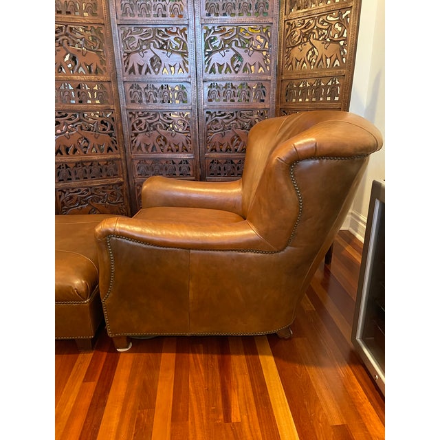 1980s Vintage Henredon Leather Club Chair & Ottoman – Ralph Lauren Upper East Side Townhouse Style For Sale - Image 5 of 11